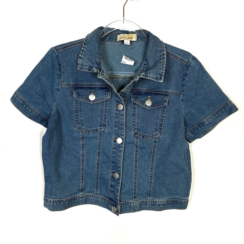 Davina Cropped Denim Jean Jacket Short Sleeve Button Front Cotton Blend NWOT M